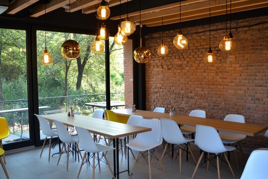 Modern interior design of a cozy dining area featuring a mix of wooden tables, white chairs, warm lighting, and a brick wall with greenery visible through large windows - Powered by Adobe