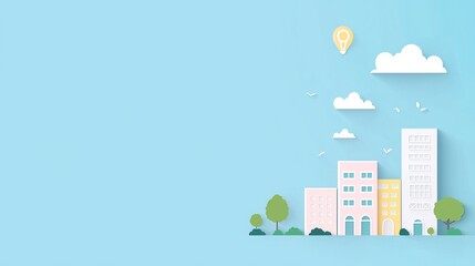 A colorful cityscape illustration with buildings, trees, clouds, and a lightbulb icon.