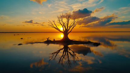 A solitary tree stands on an island at sunset, reflecting on calm waters, surrounded by a vibrant sky of orange and blue hues.