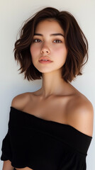 Fototapeta premium Beautiful woman with bob cut hair posing in front of white background