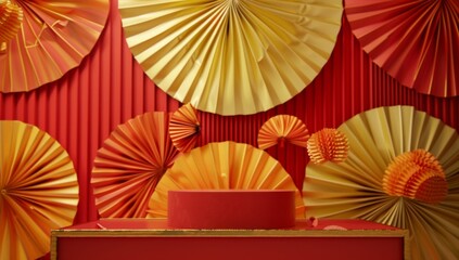 Chinese New Year celebration. Banner design with red paper fans decorations on red background..Chinese New Year celebration. Banner design with red paper fans decorations on red background