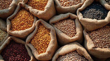 Obraz premium Seeds of various legumes in burlap bags