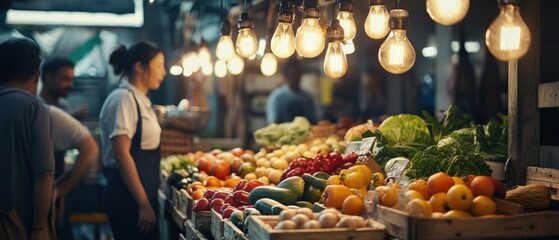 people buying fresh produce at a market stall with lit bulbs