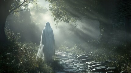 Obraz premium Ethereal Ghost in Misty Village Path