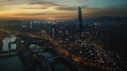Fototapeta premium Smart digital Innovation city with connection network reciprocity over the cityscape. of future smart wireless digital city and social media networking systems that connects people with in city