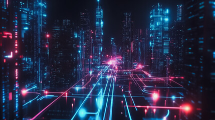 Obraz premium Smart digital Innovation city with connection network reciprocity over the cityscape. of future smart wireless digital city and social media networking systems that connects people with in city