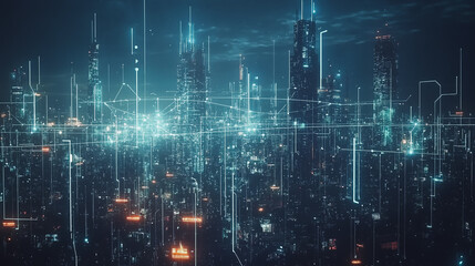 Smart digital Innovation city with connection network reciprocity over the cityscape. of future smart wireless digital city and social media networking systems that connects people with in city
