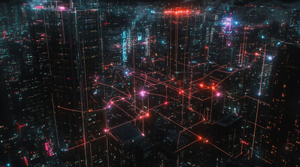 Obraz premium Smart digital Innovation city with connection network reciprocity over the cityscape. of future smart wireless digital city and social media networking systems that connects people with in city