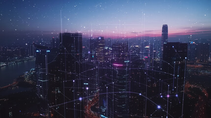 Fototapeta premium Smart digital Innovation city with connection network reciprocity over the cityscape. of future smart wireless digital city and social media networking systems that connects people with in city