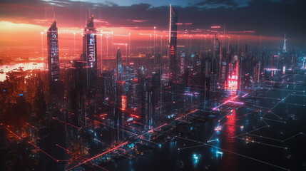 Obraz premium Smart digital Innovation city with connection network reciprocity over the cityscape. of future smart wireless digital city and social media networking systems that connects people with in city