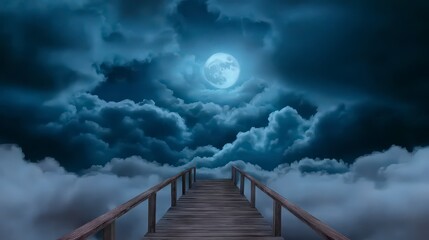 Ethereal Night  Moonlit Wooden Dock above Cloudscape