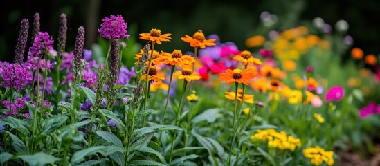 Fototapeta premium A vibrant, blooming garden full of yellow, orange, pink, and purple flowers, with lush green foliage in the foreground and a blurred green background.