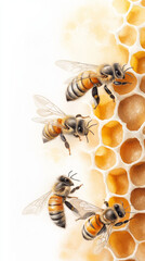 Bees buzzing around honeycomb in warm watercolor style