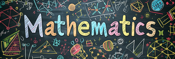Chalkboard with a colorful drawing of mathematical symbols and the word "Mathematics" written in cursive