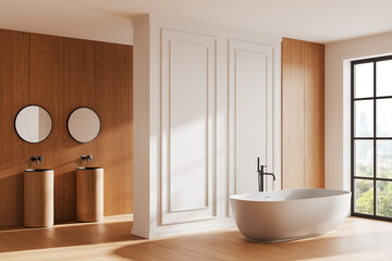 Minimalist bathroom interior with freestanding tub, wooden vanity, and natural light. 3D Rendering