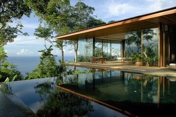 Obraz premium Luxury Tropical Villa with Infinity Pool and Ocean View: Stunning Modern Architecture in Lush Rainforest Setting