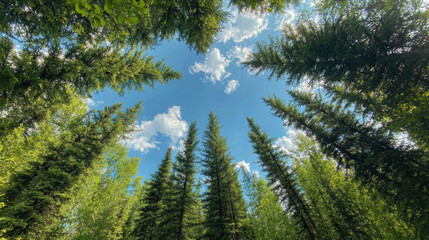 Obraz premium A serene view of tall evergreen trees stretching towards a bright blue sky, framed by fluffy clouds, creating a peaceful natural canopy.