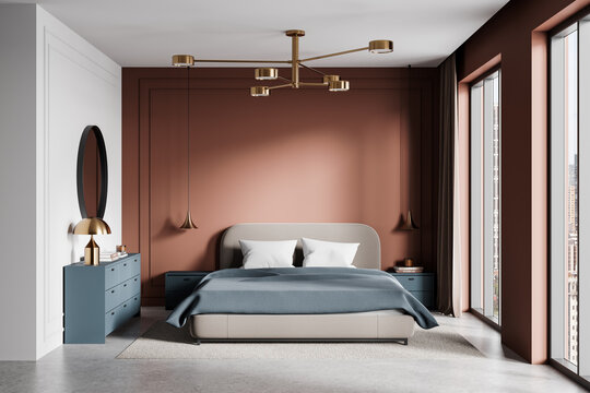 Modern bedroom interior with stylish furniture and warm color palette. 3D Rendering