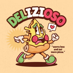 Italian Pizza Trendy Retro Cartoon Vector Hand Drawn 