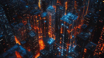 Fototapeta premium Smart digital Innovation city with connection network reciprocity over the cityscape. of future smart wireless digital city and social media networking systems that connects people with in city