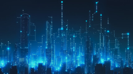 Fototapeta premium Smart digital Innovation city with connection network reciprocity over the cityscape. of future smart wireless digital city and social media networking systems that connects people with in city