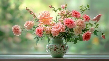 Pastel pink roses in a vintage vase on a windowsill.