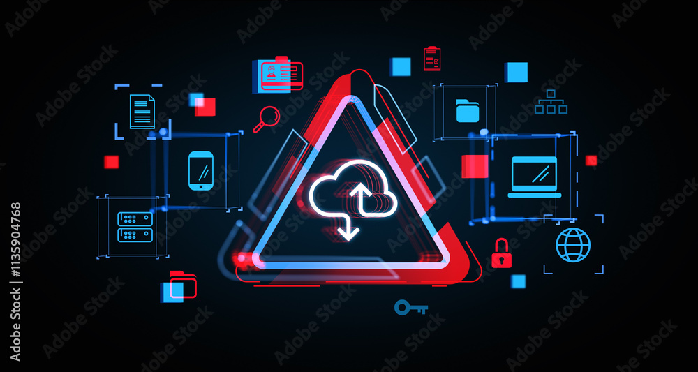 Poster cybersecurity concept with cloud warning symbol and technology icons on digital interface. 3d render