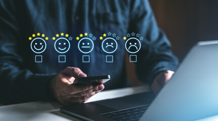 Customer feedback survey with star ratings and emoticons on digital platforms.
