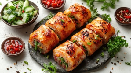 Delicious sushi rolls served with fresh salad and dipping sauces on a black platter.