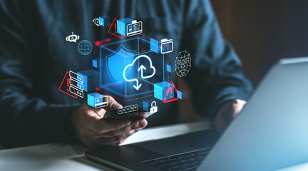 Cloud security concept with icons for data protection and storage.