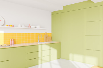 Modern kitchen interior with green cabinets, yellow tiled backsplash, and minimalist design. 3D Rendering