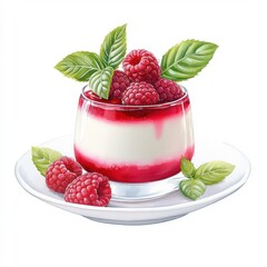 Watercolor illustration of panna cotta with raspberry topping, isolated on a white background, featuring an elegant and stylish design.