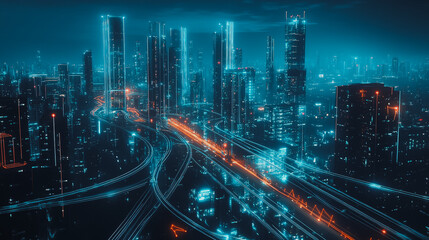 Obraz premium Smart digital Innovation city with connection network reciprocity over the cityscape. of future smart wireless digital city and social media networking systems that connects people with in city