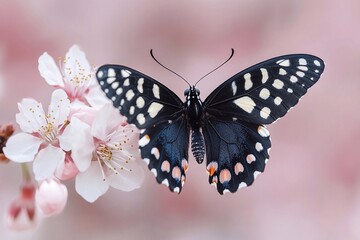 Naklejka premium beautiful black butterfly sitting on a background of pink flowers with space for text