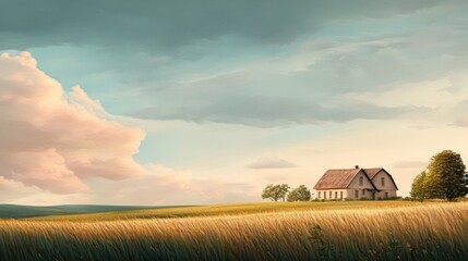 Fototapeta premium Serene Farmhouse in a Golden Wheat Field Under a Cloudy Sky