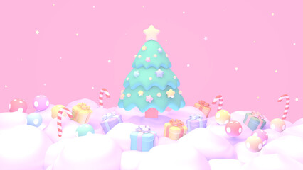 3D render cartoon Christmas tree with presents and candy canes.