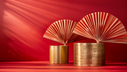 Chinese New Year celebration. Banner design with red paper fans decorations on red background..Chinese New Year celebration. Banner design with red paper fans decorations on red background