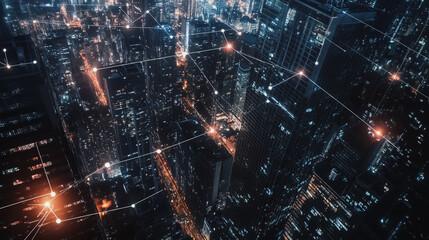 Obraz premium Smart digital Innovation city with connection network reciprocity over the cityscape. of future smart wireless digital city and social media networking systems that connects people with in city