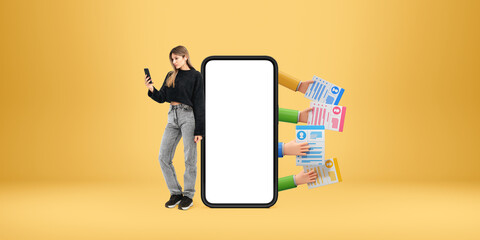 Smartphone mockup with blank white screen alongside a person hol