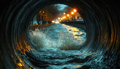 Obraz premium Turbulent Water Flowing Through a Concrete Pipe at Night