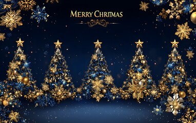 Christmas trees with golden and blue snowflakes, set against a deep navy background for a festive card design or holiday banner, with the text "MERRY CHRISTMAS",


