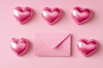 Obraz premium Romantic Flat Lay of Pink Hearts and Pink Envelope on Soft Pink Background for Valentine's Day or Love-Themed Celebrations and Events