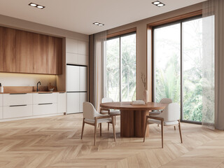 Modern kitchen and dining area with wooden finishes and large windows overlooking greenery. 3D Rendering