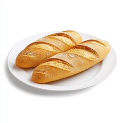 French bread on a white plate, isolated on a white background, emphasizing its golden crust and rustic appeal.