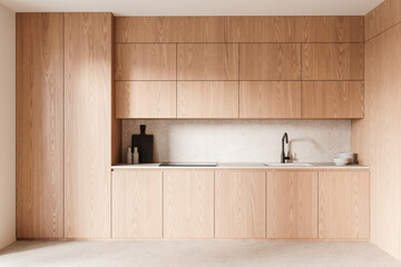 Modern light wood kitchen interior with minimalist design and sleek cabinets. 3D Rendering