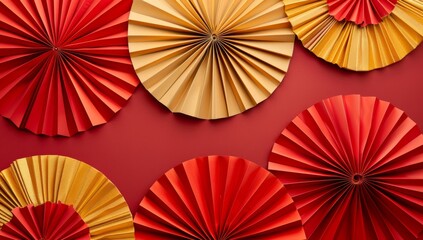 Chinese New Year celebration. Banner design with red paper fans decorations on red background..Chinese New Year celebration. Banner design with red paper fans decorations on red background