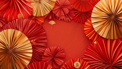 Naklejka premium Chinese New Year celebration. Banner design with red paper fans decorations on red background..Chinese New Year celebration. Banner design with red paper fans decorations on red background.