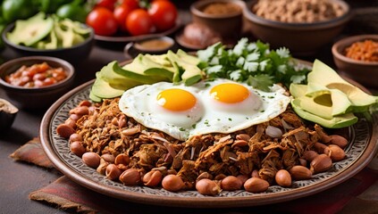 Authentic Mexican Sonoran breakfast with machaca, beans and chilaquiles
