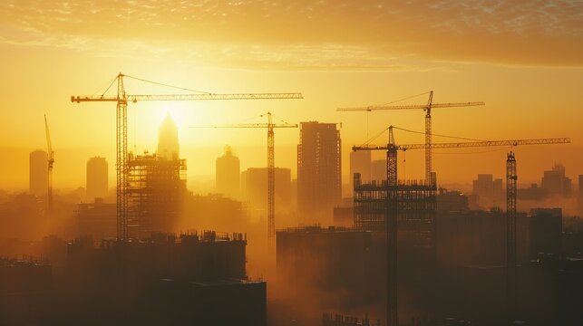 A city skyline with cranes and construction, representing recovery in the economy.