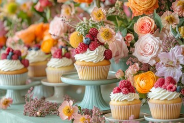 Vibrant Cupcake Display with Floral Accents A Celebration of Color and Sweetness